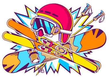 Helmet, snowboard and skis clipart