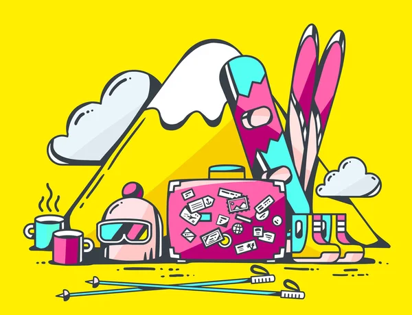 กระเป๋าเดินทางสีชมพูและอุปกรณ์การเดินทางในฤดูหนาว — ภาพเวกเตอร์สต็อก