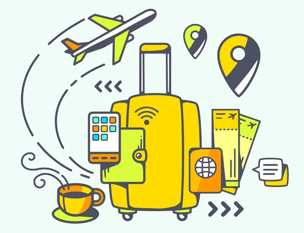 Valise jaune et accessoires de voyage — Image vectorielle