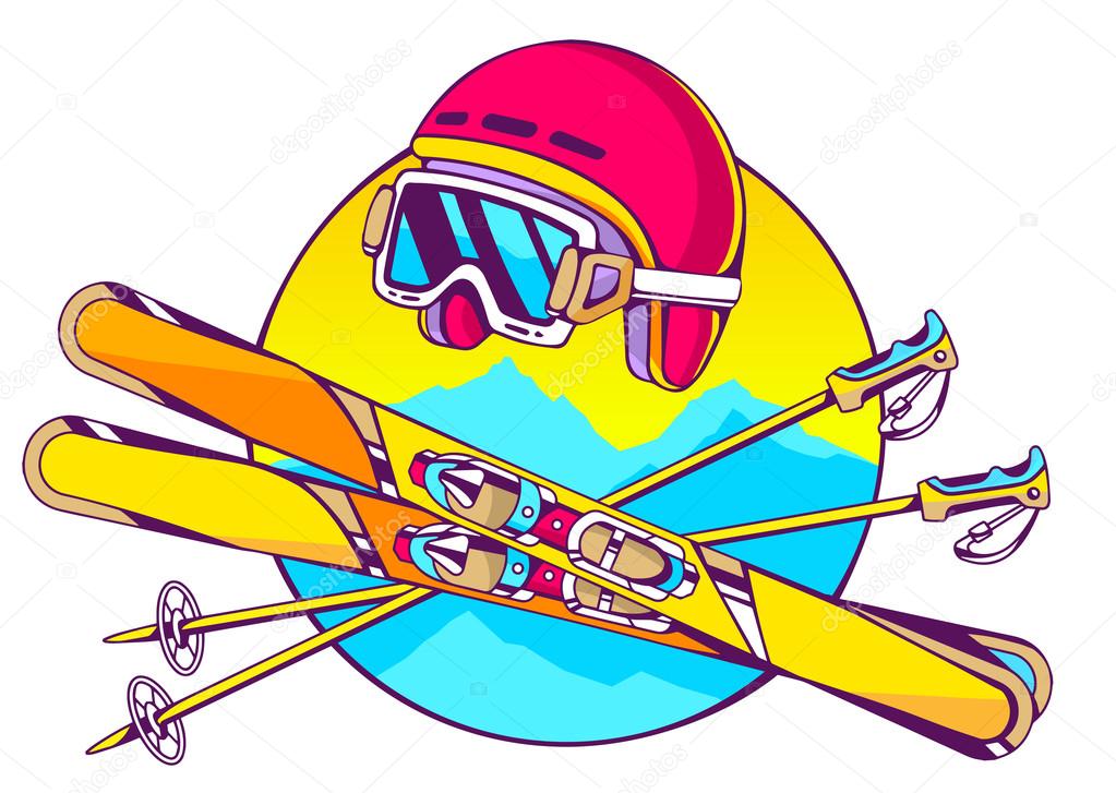Helmet and skis on white background