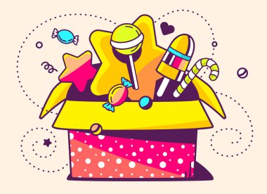 Kırmızı açık hediye kutusu ve tatlılar