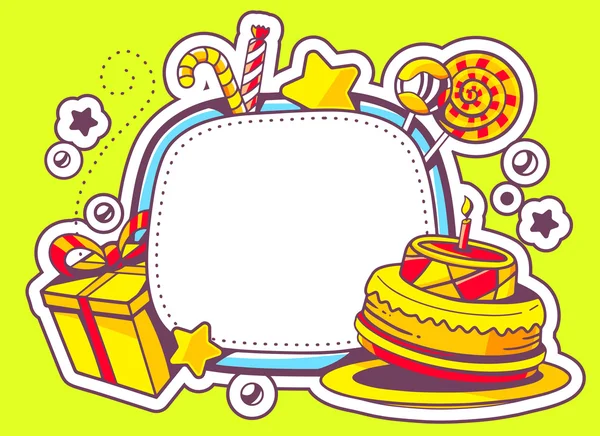 Torta, regalo e confetti con cornice — Vettoriale Stock