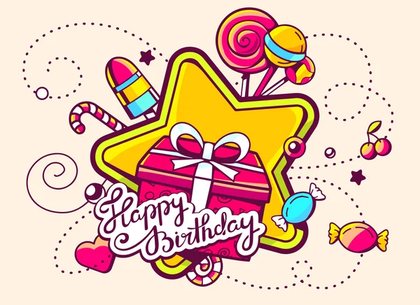 Caixa e doces com texto feliz aniversário —  Vetores de Stock