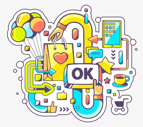 Shopping en ligne et bouton OK — Image vectorielle