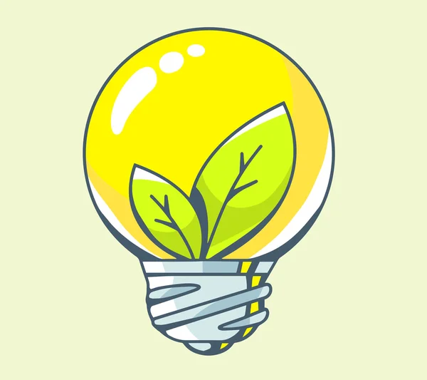 Ampoule jaune avec feuille verte — Image vectorielle