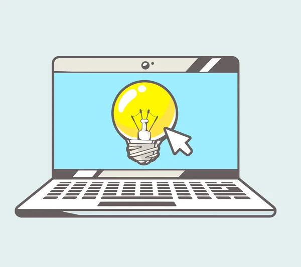 Blue laptop with yellow lightbulb — Stock Vector