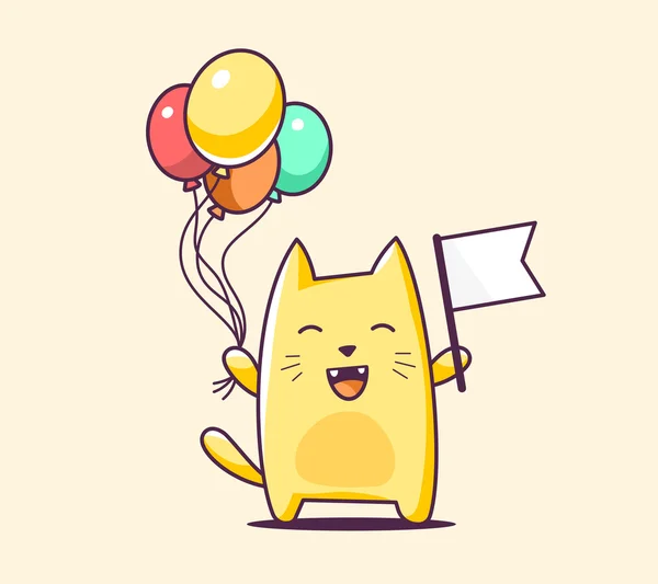 Farbcharakter Katze mit Fahne und Luftballons — Stockvektor