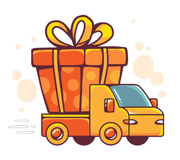 Speelgoed auto en geschenk doos met gele boog — Stockvector
