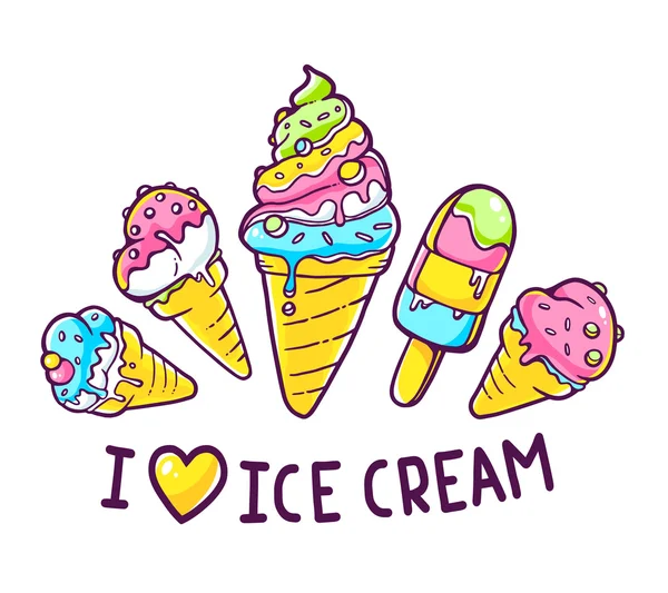 Helados con inscripción Me encanta el helado — Archivo Imágenes Vectoriales