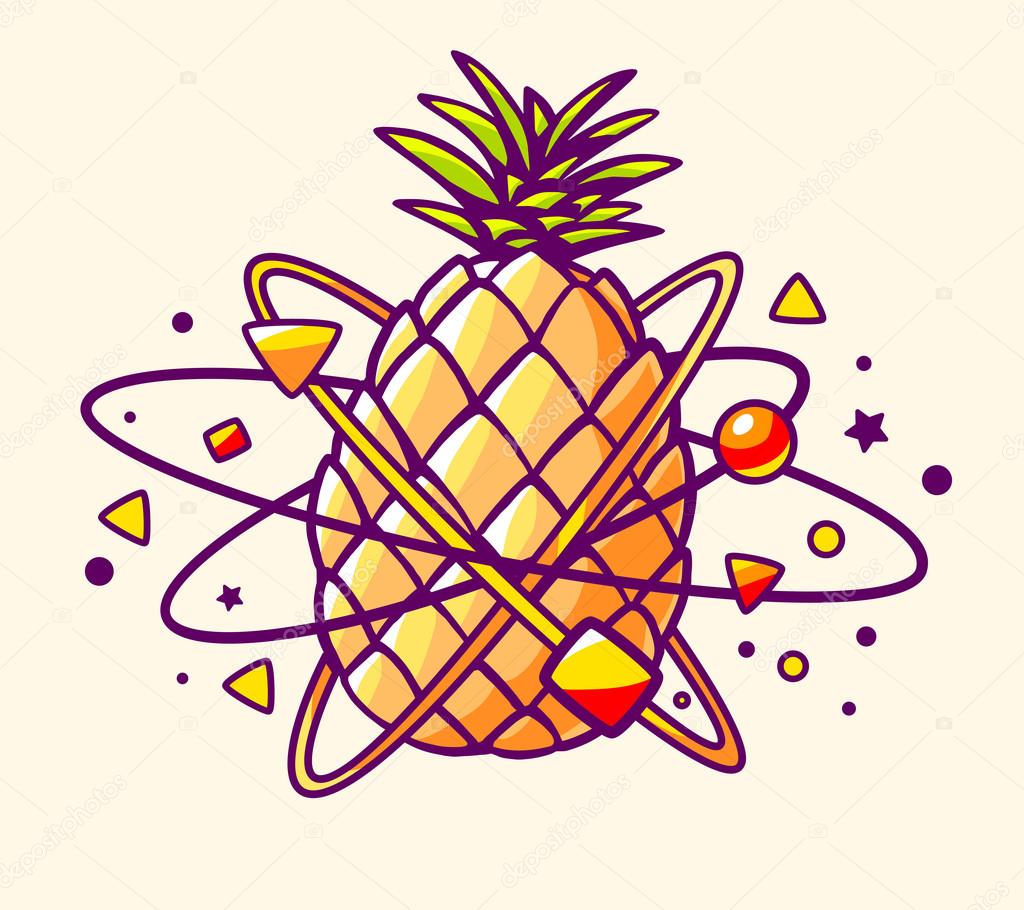 Vector illustration of colorful yellow pineapple with elements and particles on light background