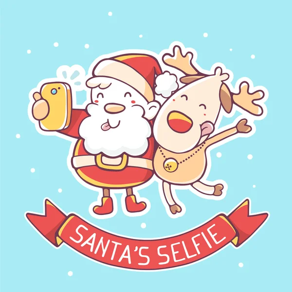 Santa e renas fazer selfie — Vetor de Stock