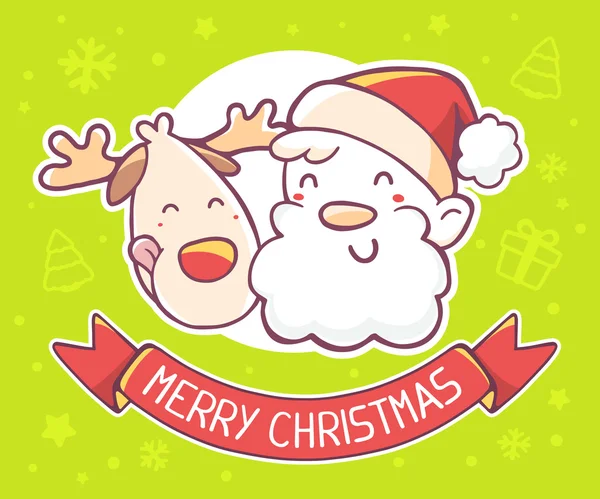 Tarjeta de Navidad con Papá Noel y Reno — Vector de stock