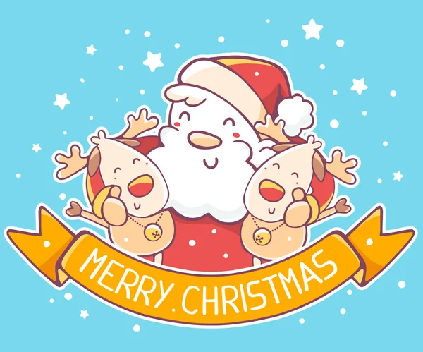 Tarjeta de Navidad con Papá Noel y renos — Vector de stock