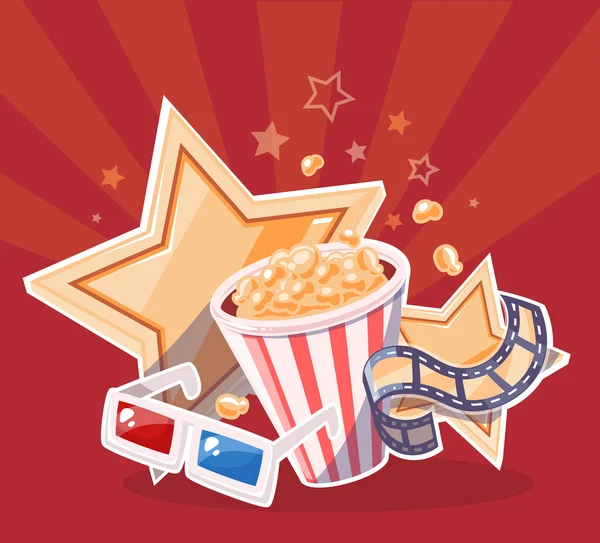 Realistische vectorillustratie van cinema bril, popcorn, geel — Stockvector