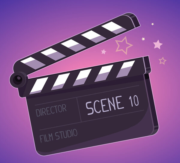 Vector illustration of big clapper board on purple background.