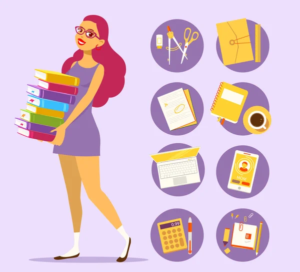 Chica joven con montón de libros — Vector de stock