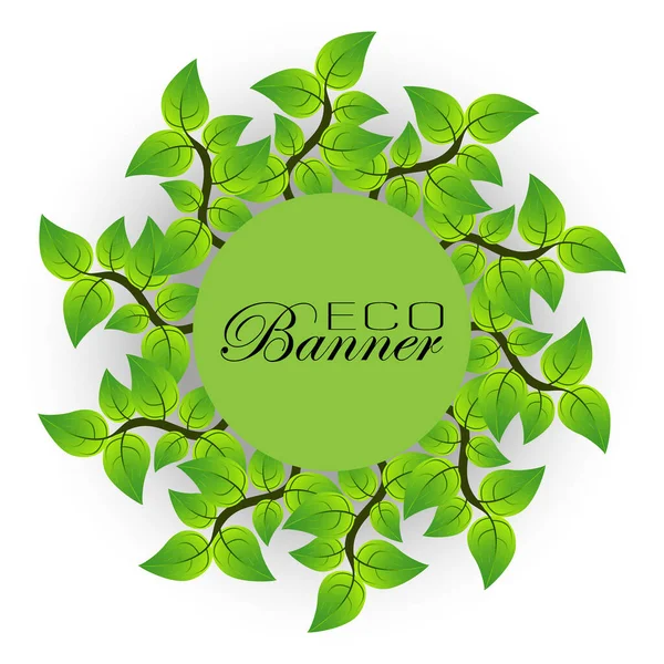 Abstrakter Hintergrund mit grünen Blättern auf einem Ast in Form eines runden Rahmens. Öko-Banner, Gestaltungselement — Stockvektor