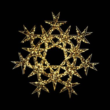 Siyah arka planda izole edilmiş altın rengi parıltılı kar taneleri. Vektör illüstrasyonu.