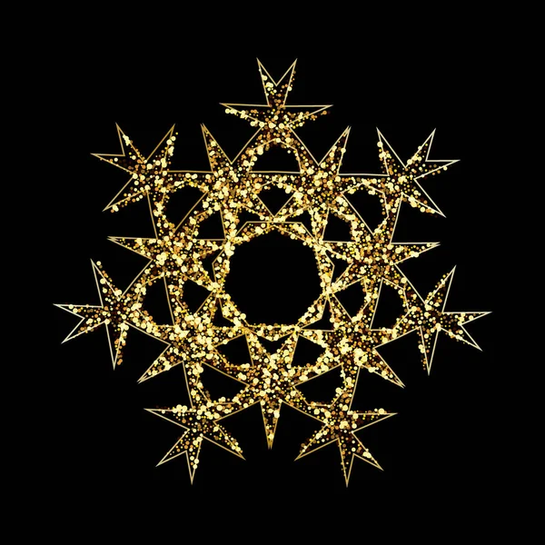 Siyah arka planda izole edilmiş altın rengi parıltılı kar taneleri. Vektör illüstrasyonu.