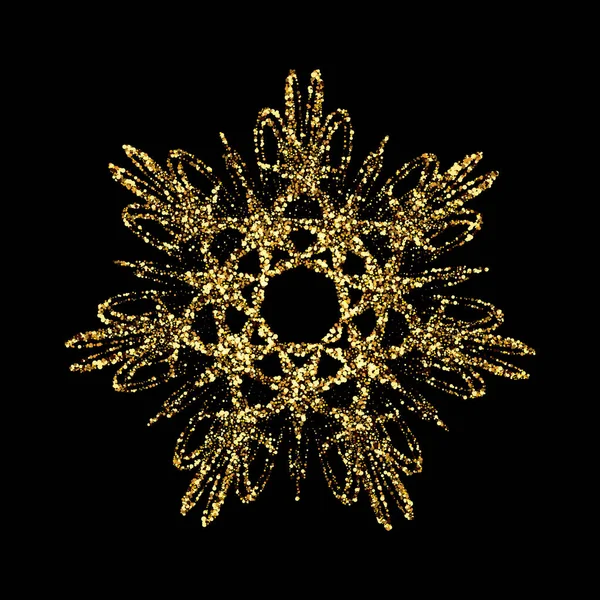 Textura de brillo dorado copo de nieve aislado sobre fondo negro. Ilustración vectorial. — Vector de stock