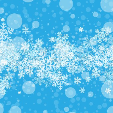 Kış yağışı ve açık mavi arka planda kar taneleri. Soğuk kış Noel 'i ve yeni yıl geçmişi.