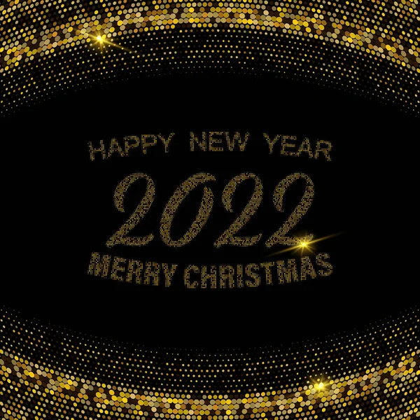 2022 Happy New Year and Merry Christmas of gold glitter pattern in circle form. Abstract gold glowing halftone dotted background for Christmas holiday greeting card on dark background. — Stock Vector