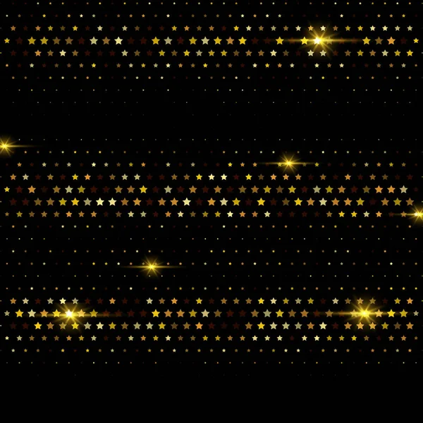 Des paillettes d'or. Symboles vectoriels étoiles feux d'artifice sont organisés en grille demi-teinte avec dégradé d'or incliné. — Image vectorielle