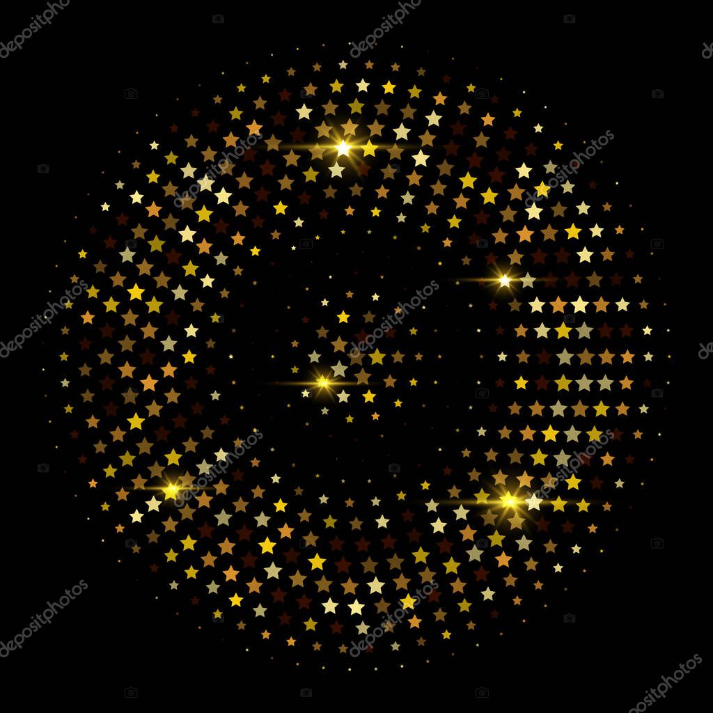 Set with stars in circle form. Abstract decorative golden background.