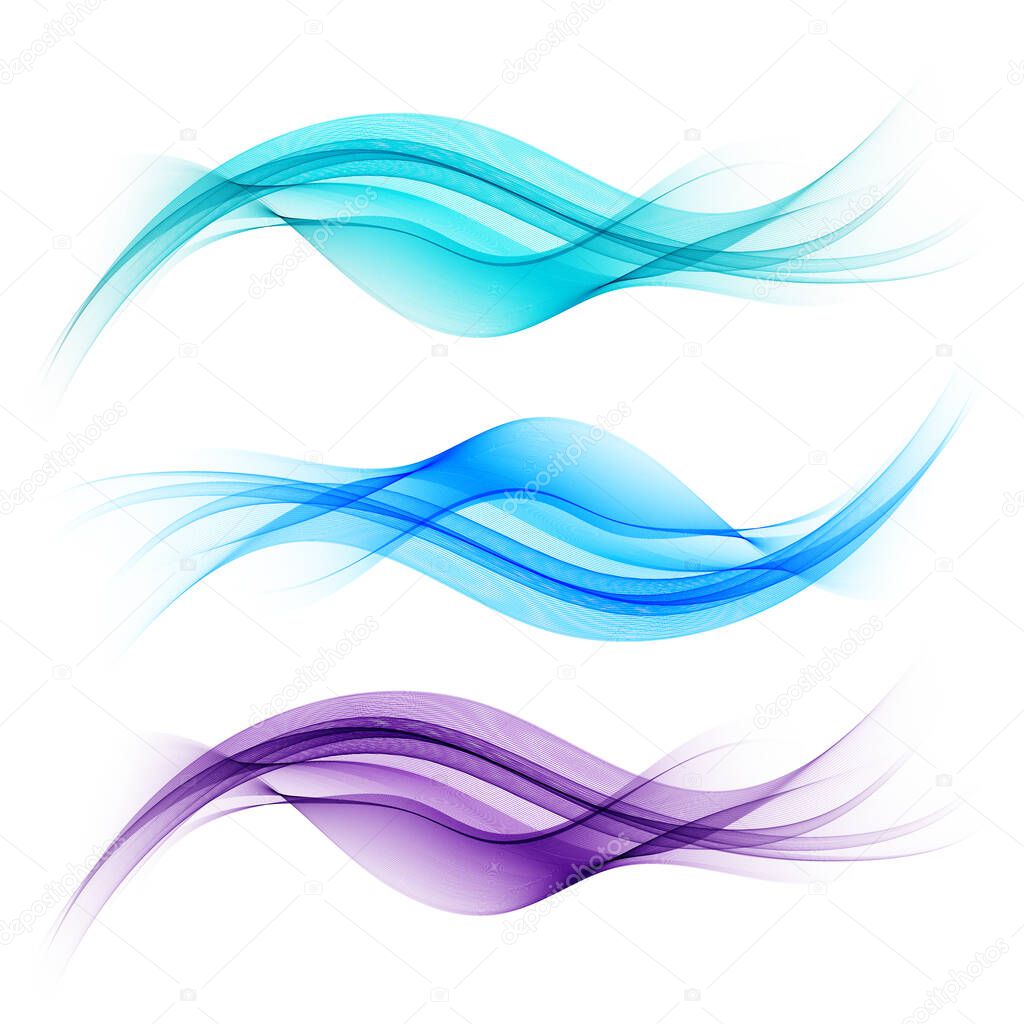 Set abstract color smoke wave. Transparent smooth Vector lines.