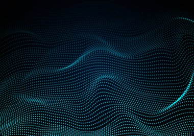 Parçacık dalgası. Mavi vektör arka planı dinamik bir dalga ile noktalıyor. Büyük veri.