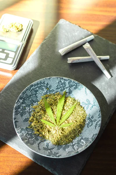 Marijuana Joints Chopped Cannabis Digital Scale Stone Tray Sunny Day — Stock Photo, Image