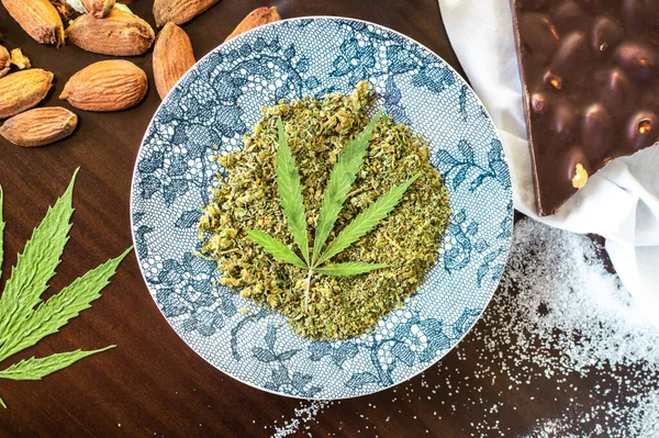 Cooking Cannabis Top View Wooden Table Marijuana Other Ingredients Chocolate — Stock Photo, Image