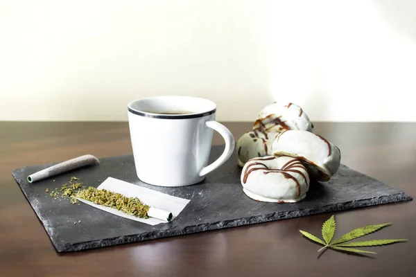 Tray Marijuana Joints Fresh Coffee Chocolate Donuts Copy Space Top — Stock Photo, Image