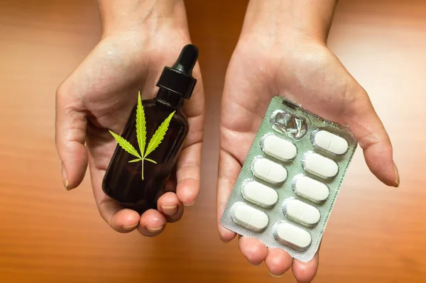 Therapeutic Marijuana Concept Hands Showing Comparing Natural Cbd Oil Made — Stock Photo, Image