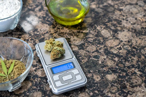 Cooking Cannabis Table Digital Scale Calculate Dose Marijuana Ingredients Copy — Stock Photo, Image