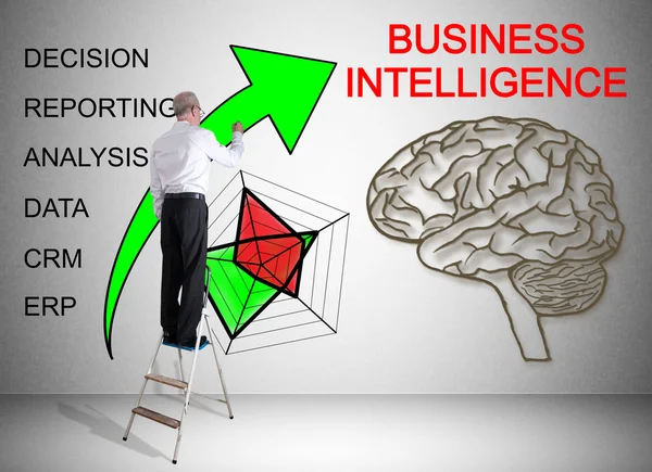 Conceito de inteligência de negócios desenhado por um homem em uma escada — Fotografia de Stock