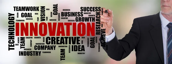 Innovation word cloud concept drawn by a businessman — Stock Photo, Image