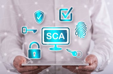 Arka planda bir adamın tuttuğu tabletin üstündeki Sca konsepti