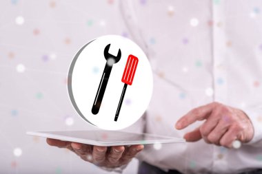 Bakım hizmeti kavramı arka planda bir adamın tuttuğu tabletin üzerinde