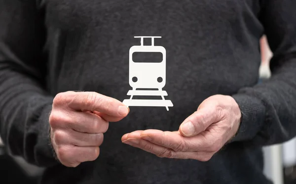 Hombre Posesión Tren Papel Concepto Seguro Viaje Tren — Foto de Stock