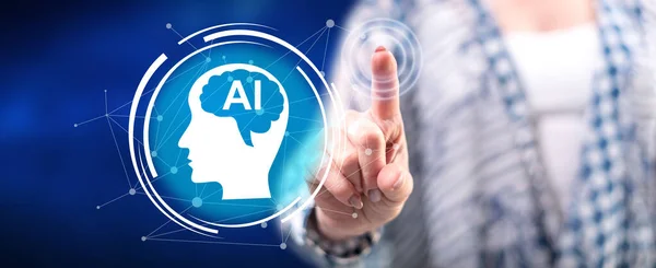 Woman Touching Artificial Intelligence Concept Touch Screen Her Finger — Stock Photo, Image