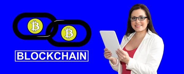 Woman Using Digital Tablet Blockchain Concept Background — Stock Photo, Image