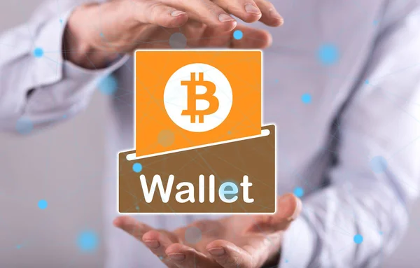 Bitcoin Wallet Konzept Zwischen Den Händen Eines Mannes Hintergrund — Stockfoto