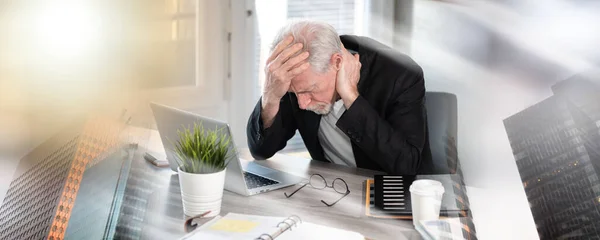 Overworked Exhausted Senior Businessman Sitting Workplace Multiple Exposure — Stock Photo, Image