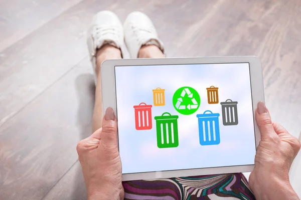 Woman Sitting Floor Tablet Showing Recycling Concept — Stock Photo, Image