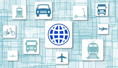 Kare üzerinde simgeleri olan küresel ulaşım kavramı