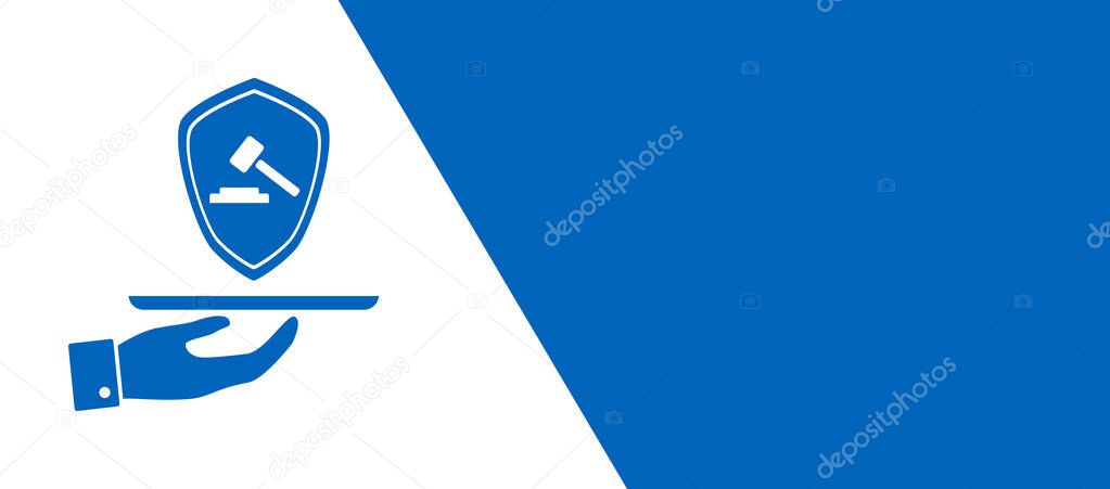 Concept of legal insurance on blue and white background. Copy space. Panoramic banner