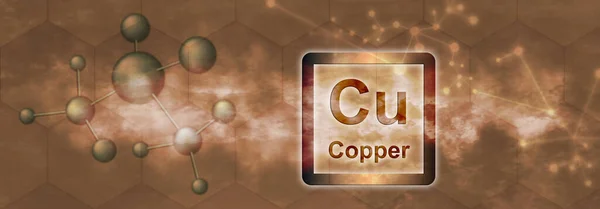 Cu symbol. Copper chemical element with molecule and network on brown background
