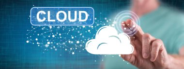 Adam dokunmatik ekranda bulut konseptine parmağıyla dokunuyor.