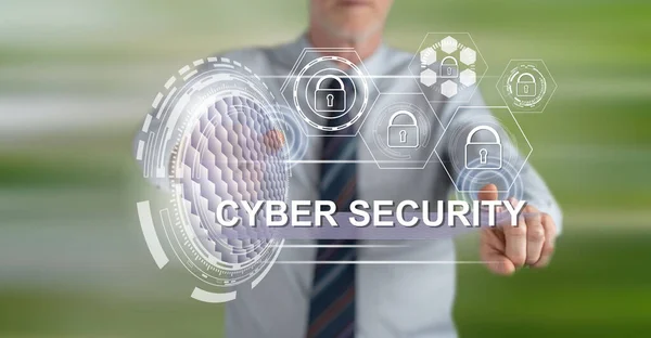 Man Aanraken Van Een Cyber Security Concept Een Touch Screen — Stockfoto
